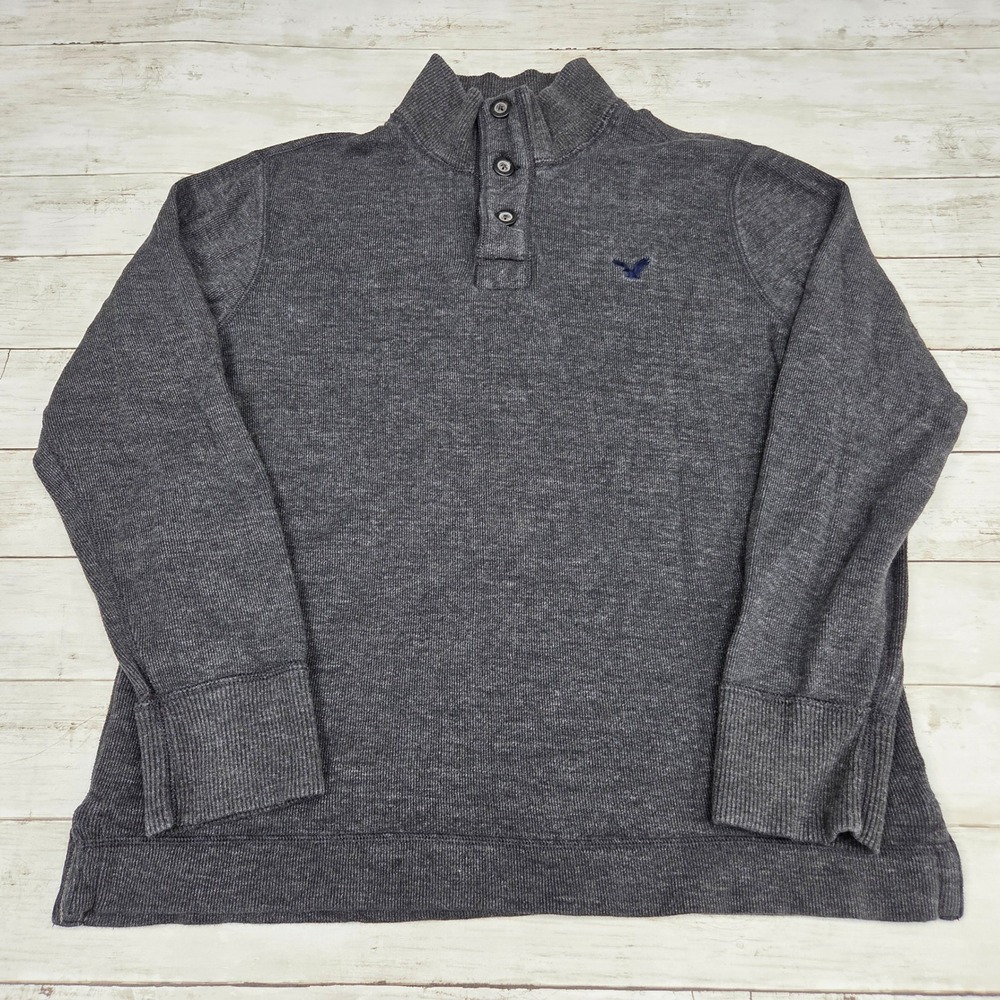 American Eagle‎ Sweater Mens Large Gray Mock Neck Button Pullover Cotton Waffle